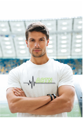Man wearing a white t-shirt with a logo in an indoor sports facility